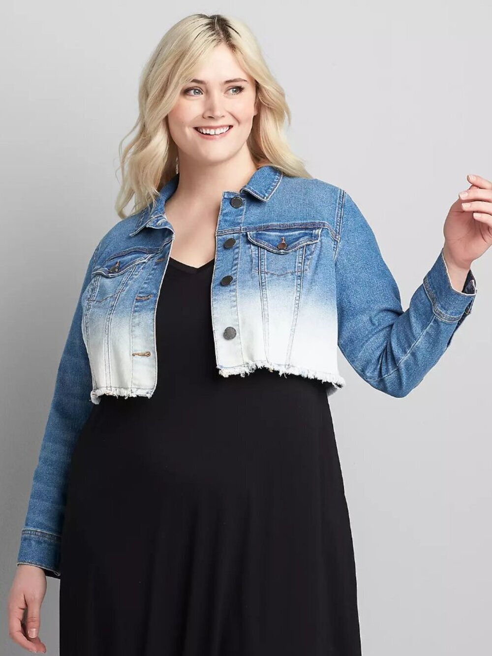 Lane Bryant Dip Dye Cropped Frayed Hem Stretch Denim Jacket | Size 24